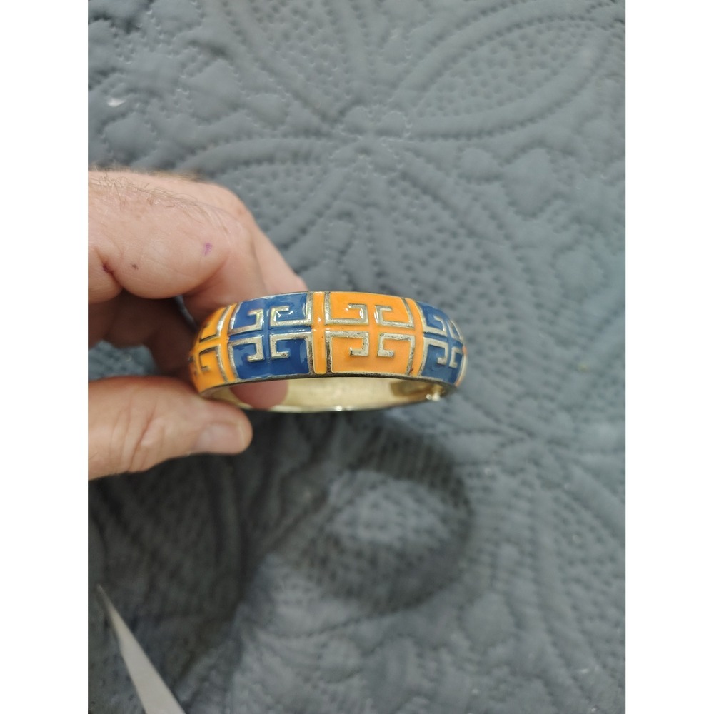 Vintage‎ Greek Key Enamel Bangle Bracelet Blue Orange Gold Tone Hinged Chunky
